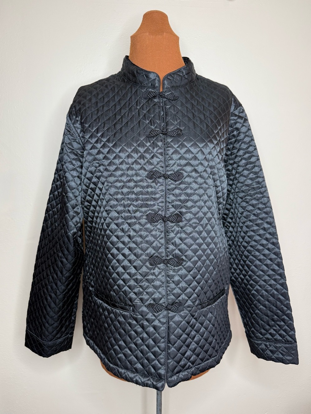 Carole Little Black Quilted Jacket Mandarin Collar Size XL